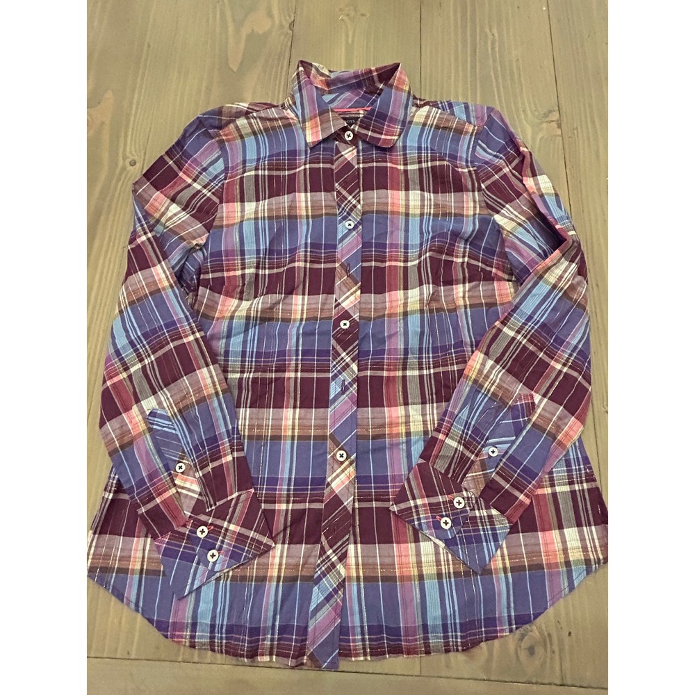D2 Talbots Petite Purple Blue Plaid Metallic Lurex Button Down Shirt SP Womens